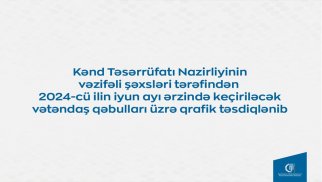 Kənd Təsərrüfatı Nazirliyinin vəzifəli şəxslərinin iyunda bölgələrdə keçirəcəyi vətəndaş qəbullarının qrafiki təsdiqləndi