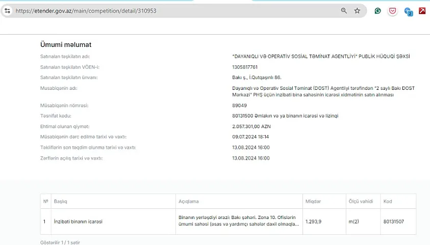 DOST Agentliyi inzibati binanın kv.metrini 130 manatdan rəsmiləşdirib - 2 milyonluq tender